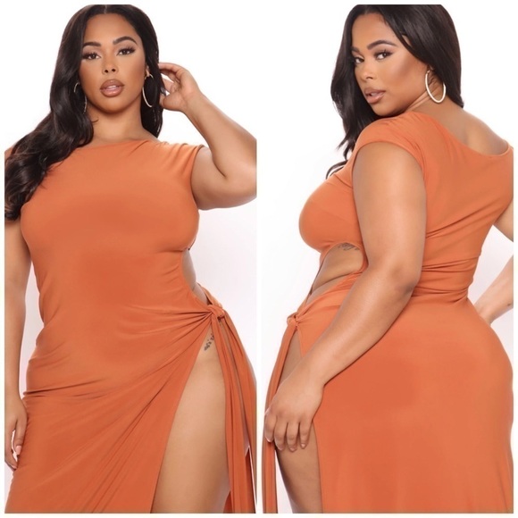 Fashion Nova Burnt Orange Camel Slinky Cutout Bodycon Maxi Dress Plus Size 2X - Picture 3 of 8